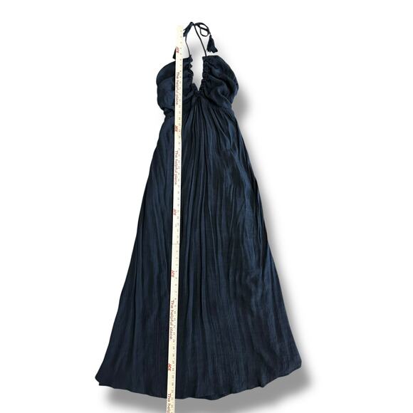 Entro Black Tassel Halter Ruched Maxi Dress L Crinkle Gauze, Lined, Style D16680 - Picture 4 of 10